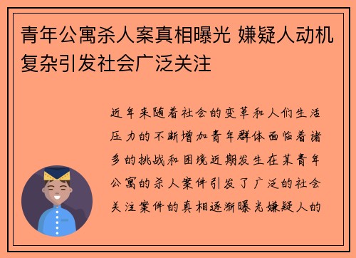 青年公寓杀人案真相曝光 嫌疑人动机复杂引发社会广泛关注